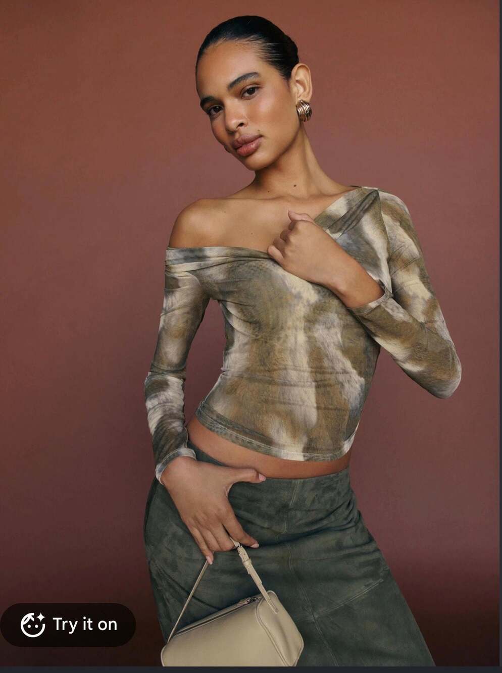 Reformation Elio Off-The-Shoulder Mesh Long Sleeve Top